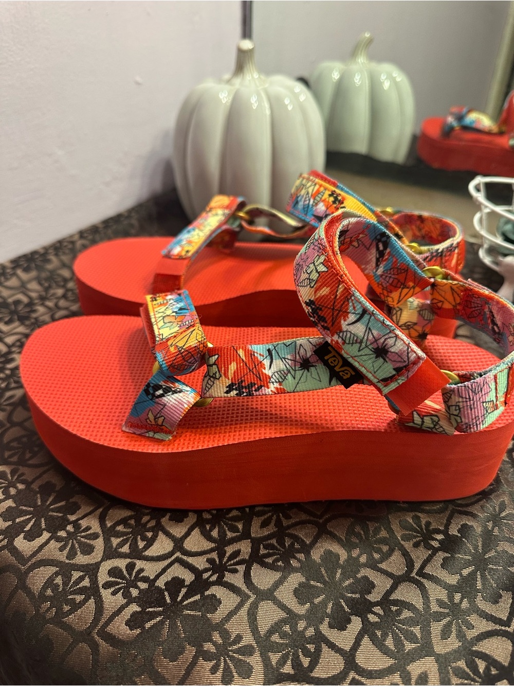 Teva Womens Floral Strap Platform Sandals in Bright Coral